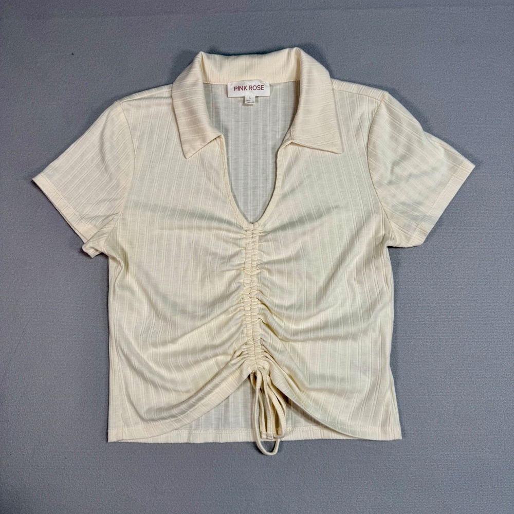 Pink Rose Ribbed Ruche Crop Top L Cream Polo Baby‎ Tee Coquette Y2K Soft Girl
